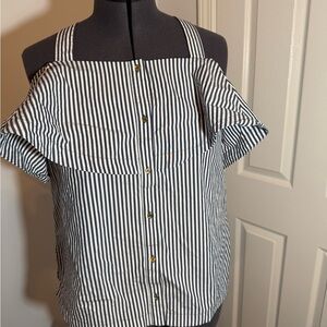 MICHAEL KORS Coastal Striped Cotton Off-Shoulder Button Nautical Top Size Med